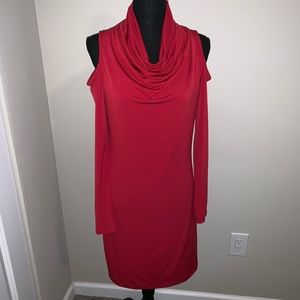 Red DKNY long sleeve cold shoulder cowl neck dress